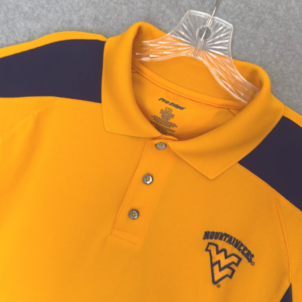 Pro Edge WVU Mountaineers Polo Shirt Mens Large Gold Blue NCAA Short Sleeve READ